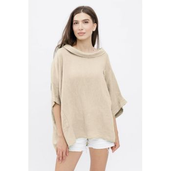 Bluza din in cu buzunar si boboc aplicat, oversize, bej