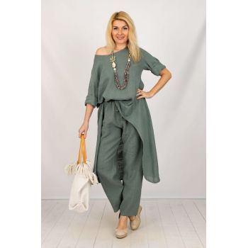 Compleu din in cu bluza tunica mai lunga in spate si pantaloni, kaki