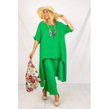 Compleu din in cu bluza tunica mai lunga in spate si pantaloni, verde deschis