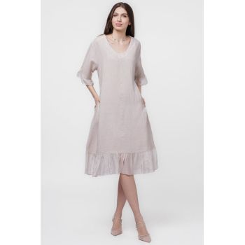 Rochie din in bej, cu volane din matase si snur in talie