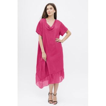 Rochie fucsia usor asimetrica A-line, din in cu guler si volan din matase, oversize