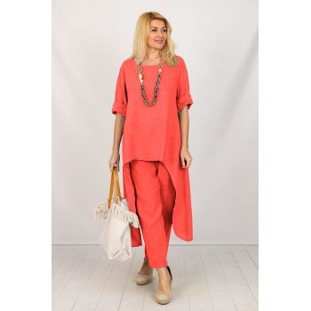 Compleu din in cu bluza tunica mai lunga in spate si pantaloni, corai