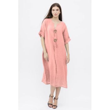 Rochie oversize din in, cu nasturi pe piept, roz
