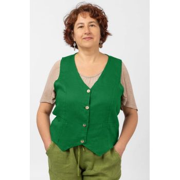 Vesta trendy din in cu colturi si nasturi de lemn, verde