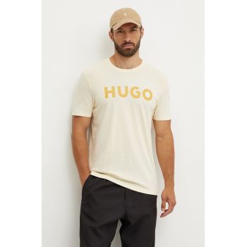 HUGO tricou din bumbac bărbați, culoarea galben, cu imprimeu, 50467556