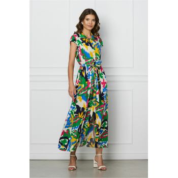 Rochie Denisa icory cu imprimeuri multicolore si cordon in talie