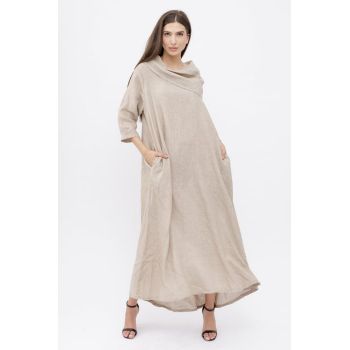 Rochie maxi,  A-line, din in, cu guler amplu, bej