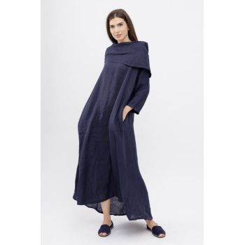 Rochie maxi,  A-line, din in, cu guler amplu, bleumarin