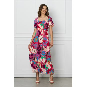 Rochie Mira fucsia cu imprimeuri bej si elastic la bust