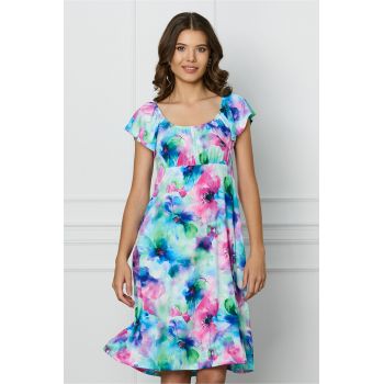 Rochie Miruna albastra cu imprimeu fucsia ieftina la reducere