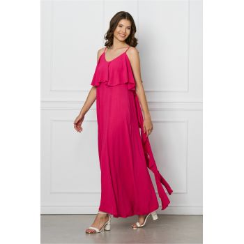 Rochie Sara fucsia lunga cu volane