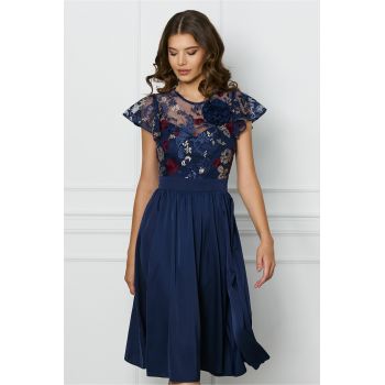 Rochie DY Fashion bleumarin cu trandafir si dantela la bust ieftina