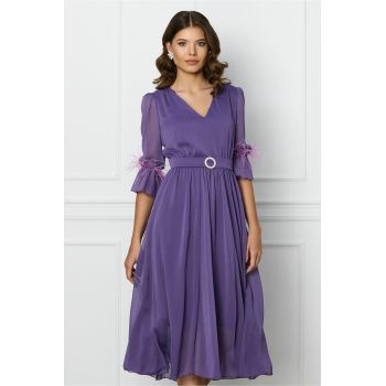 Rochie DY Fashion mov cu pene la maneci si accesoriu in talie