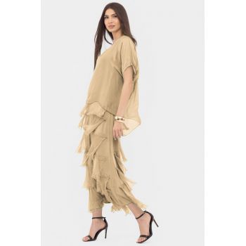 Rochie camel deschis din matase naturala cu  volane franjurate suprapuse