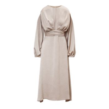Rochie Midi Bej cu Umeri Proeminenti si Pliuri
