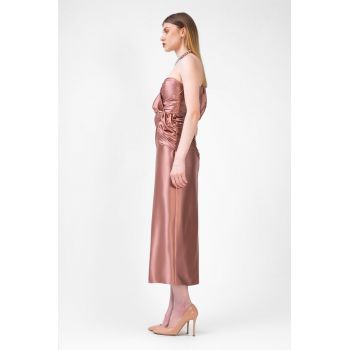 Rochie midi bronze metalizat cu un umar drapat