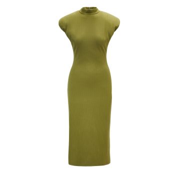 Rochie Midi Khaki cu Umeri Supradimensionati si Slit Lateral