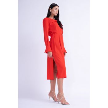 Rochie Midi Rosie cu Inel si Pliuri