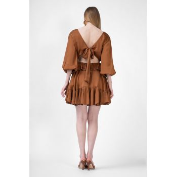 Rochie mini bronze de satin cu volane