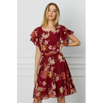 Rochie DY Fashion bordo cu imprimeuri florale corai ieftina