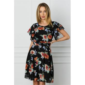 Rochie DY Fashion neagra cu imprimeuri florale corai ieftina la reducere