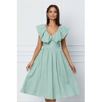 Rochie Dy Fashion verde mint din ghipura cu volane la bust ieftina la reducere