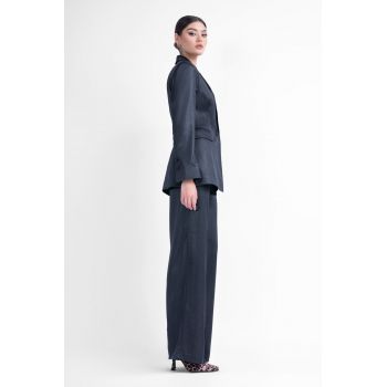 Costum negru cu insertii argintii cu sacou slim si pantaloni wide leg