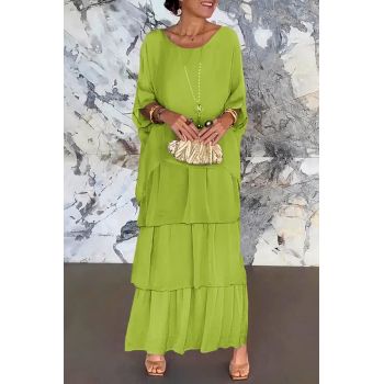Rochie lunga suprapusa din matase naturala, cu trei volane mari si maneca cazuta, verde deschis