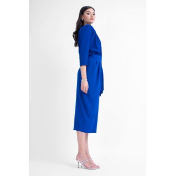 Rochie midi albastru electric cu bust bluzat si cordon in talie