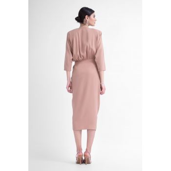 Rochie midi bej cu bust bluzat si cordon in talie
