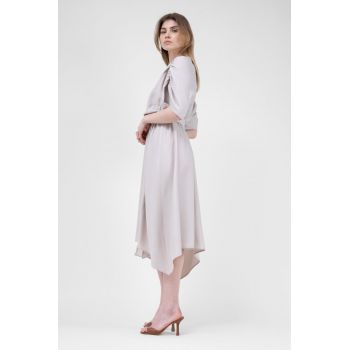 Rochie midi bej cu bust drapat si curea