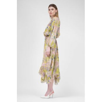 Rochie midi cu clini din voal printat verde