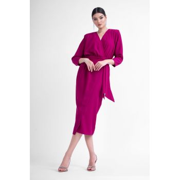 Rochie midi fuchsia cu bust bluzat si cordon in talie