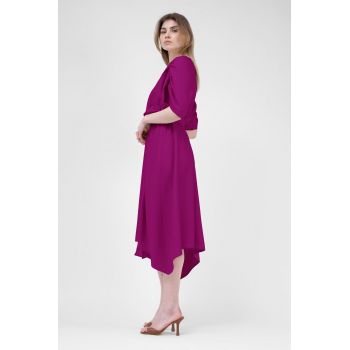 Rochie midi fuchsia din in cu bust drapat si curea