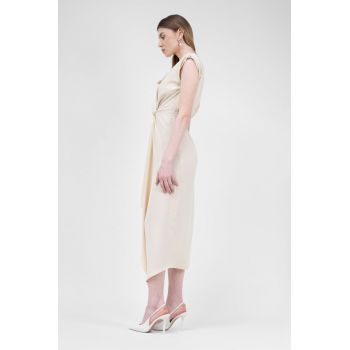 Rochie midi ivoire cu drapaje si pliuri
