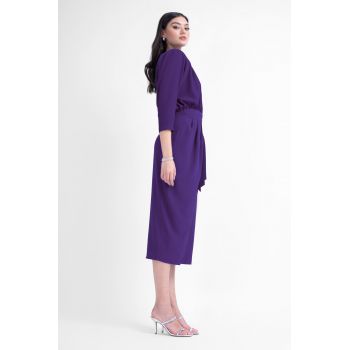 Rochie midi mov cu bust bluzat si cordon in talie