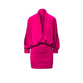 Rochie mini fuchsia cu bust drapat si maneca evazata