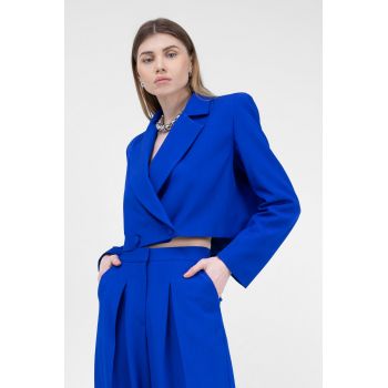 Sacou cropped albastru electric cu doua randuri de nasturi
