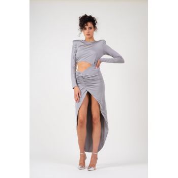 Rochie gri asimetrica cu decupaj