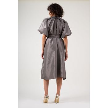 Rochie gri cu maneca raglan si fronseuri
