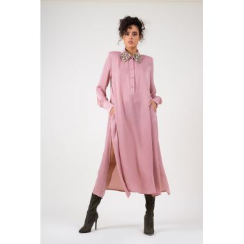 Rochie maxi tip camasa roz pudrat