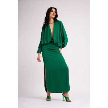 Rochie maxi verde smarald cu bust drapat si maneca evazata ieftina