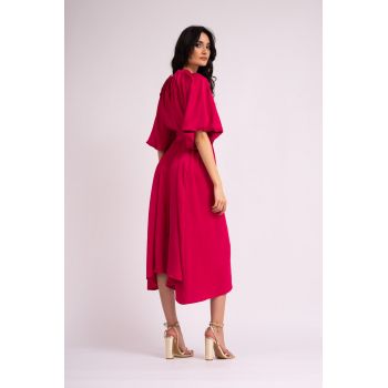 Rochie midi fuchsia cu maneca raglan si fronseuri