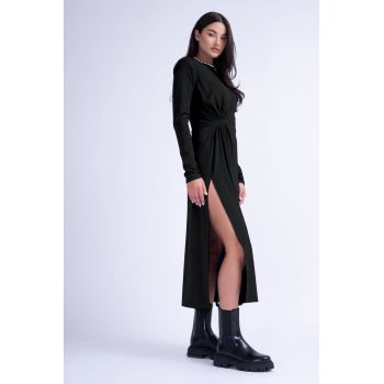 Rochie Midi Neagra cu Nod Lateral
