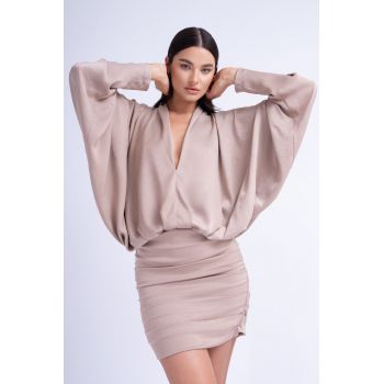 Rochie Mini Bej cu Bust Drapat si Maneca Evazata