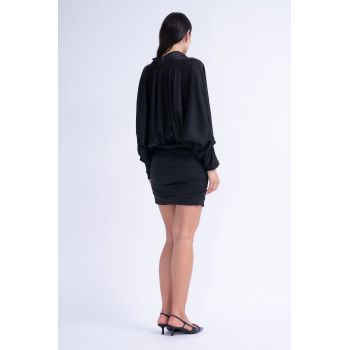 Rochie Mini Neagra cu Bust Drapat si Maneca Evazata
