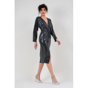 Rochie din tesatura neagra cu particule stralucitoare cu nod