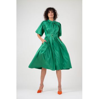 Rochie verde cu maneca raglan si fronseuri