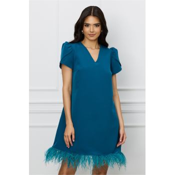 Rochie DY Fashion turcoaz cu pene la baza si umeri bufanti ieftina