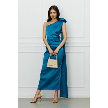 Rochie Moze turcoaz cu floare maxi pe un umar ieftina